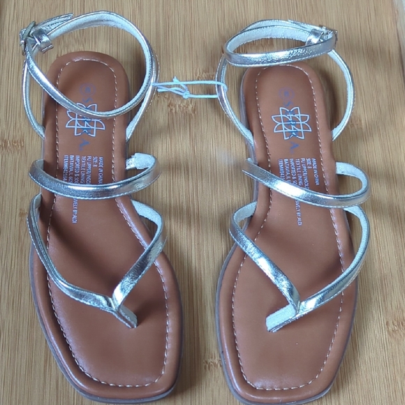 Shiny Light Gold Ankle Strappy Sandals - Picture 1 of 12